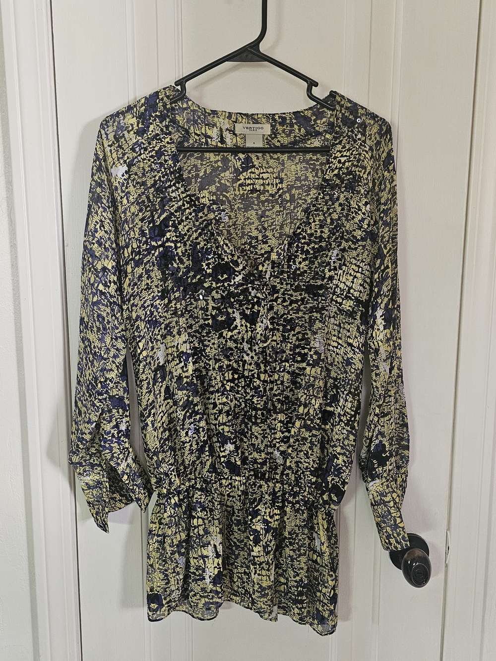 Vertigo Paris Yellow and Navy Abstract Long Sleeve Tunic Dress